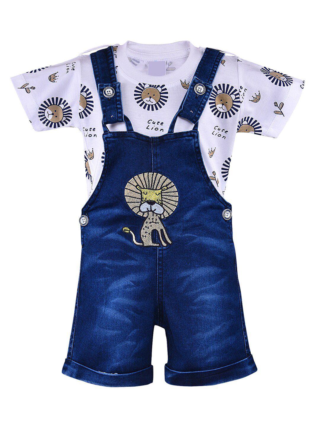 wish karo boys white & blue printed t-shirt and dungaree