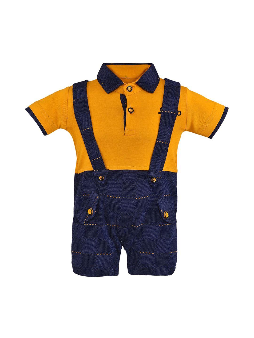 wish karo infant boys orange & navy blue solid cotton rompers