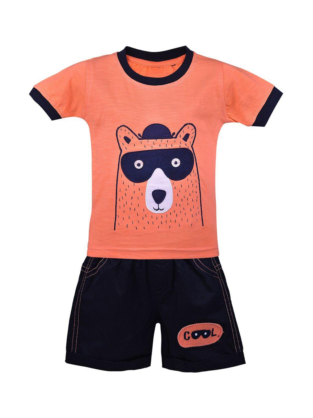 wish karo kids orange & black printed t-shirt with shorts