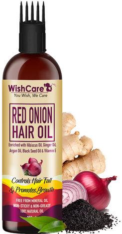 wishcare red onion hair oil enriched with onion ginger oil, argan oil, hibiscus oil controls hair fall & promotes growth.