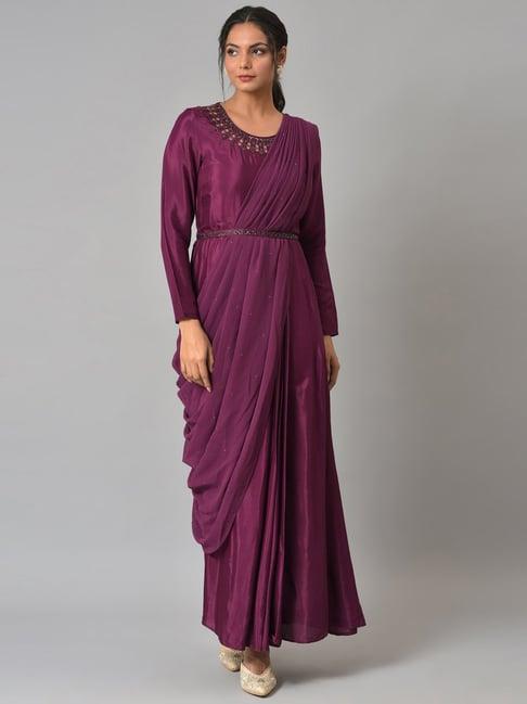 wishful by w purple embroidered saree kurta