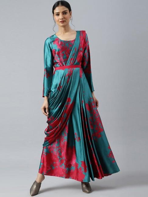 wishful by w teal green & pink floral print saree style maxi dress