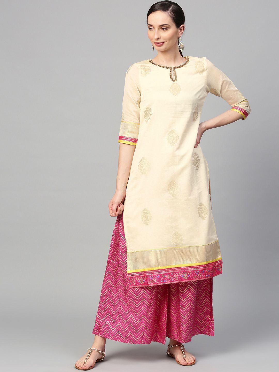 wishful by w women cream-coloured & golden woven design straight kurta
