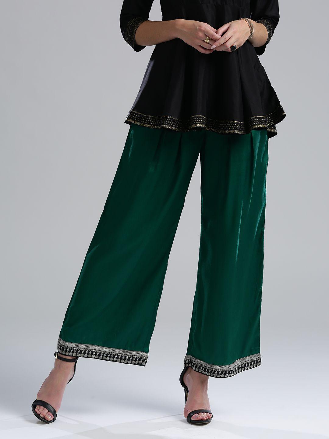 wishful by w women green regular fit solid parallel trousers
