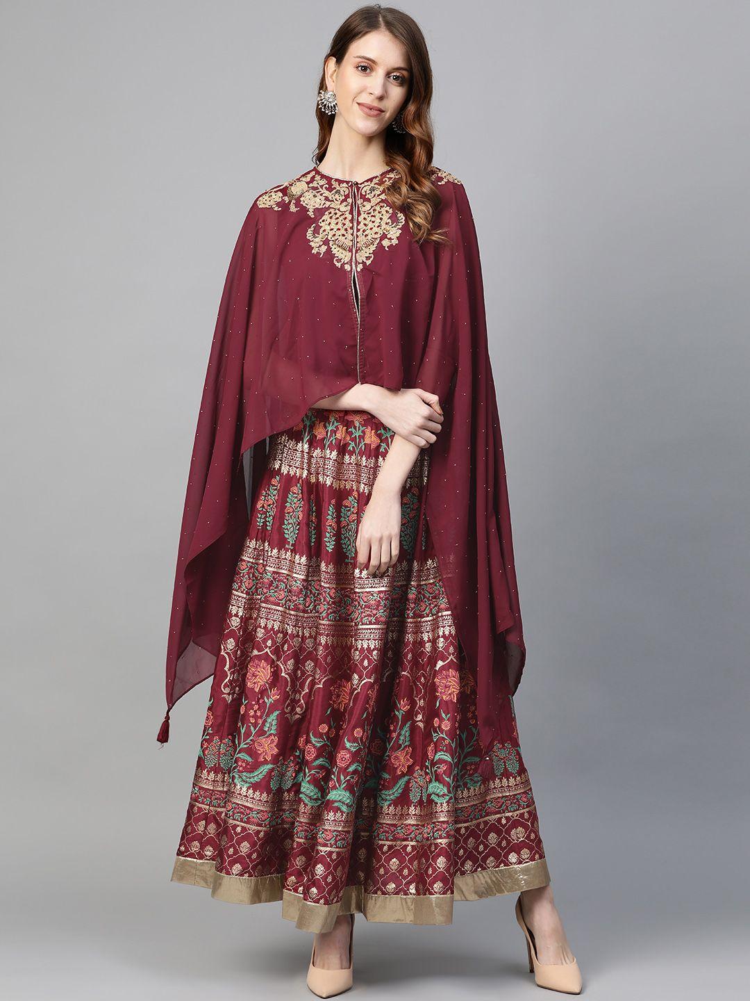 wishful-by-w-women-maroon-&-golden-embroidered-top-with-skirt