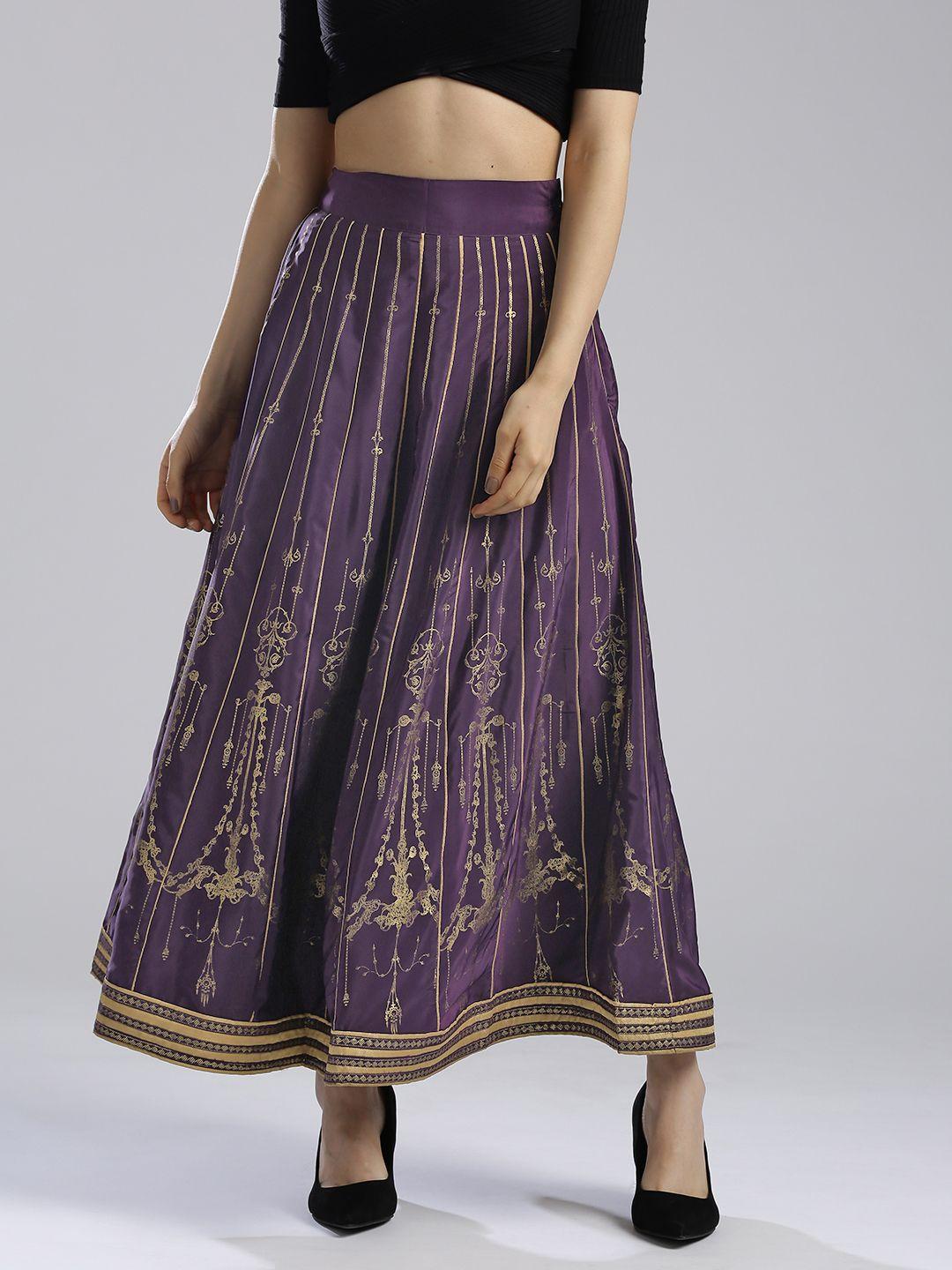 wishful by w women purple & gold-toned maxi flared skirt