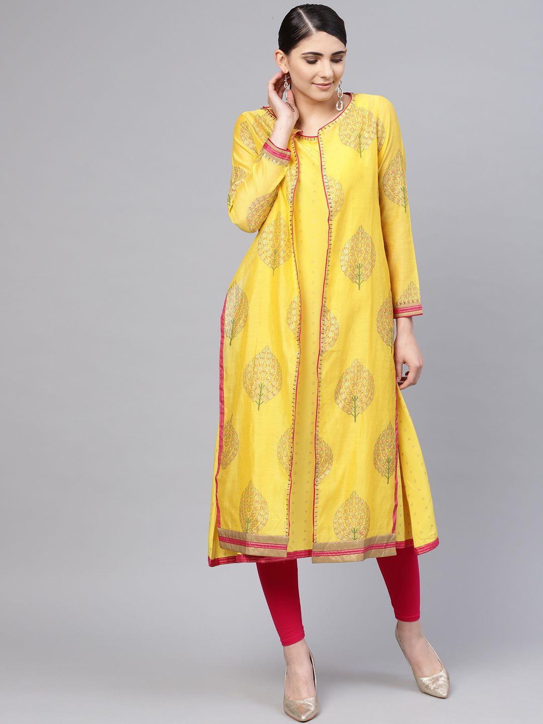 wishful by w women yellowishful by w & golden printed a-line kurta with ethnic jacket