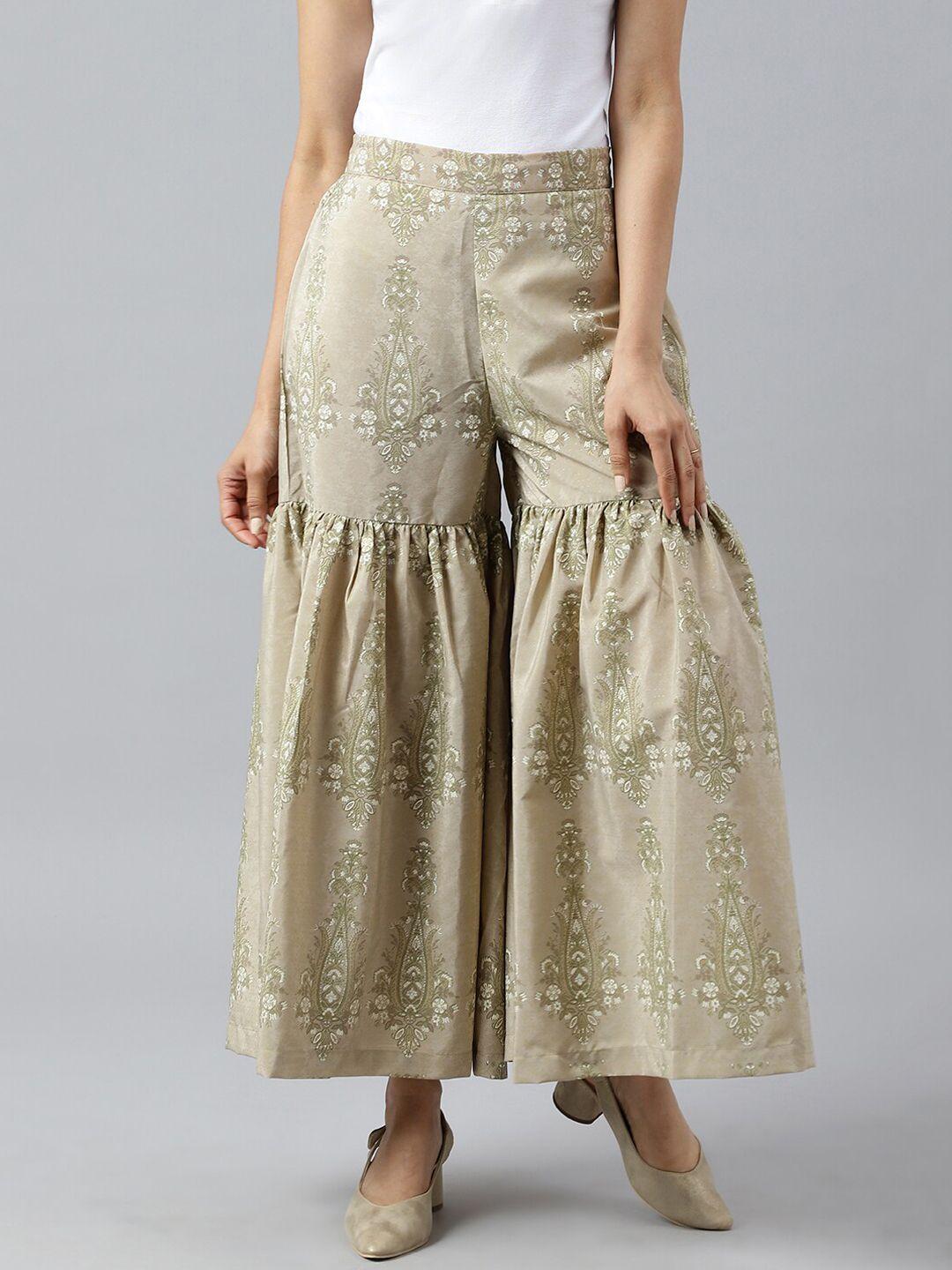 wishful women beige ethnic motifs printed pleated trousers