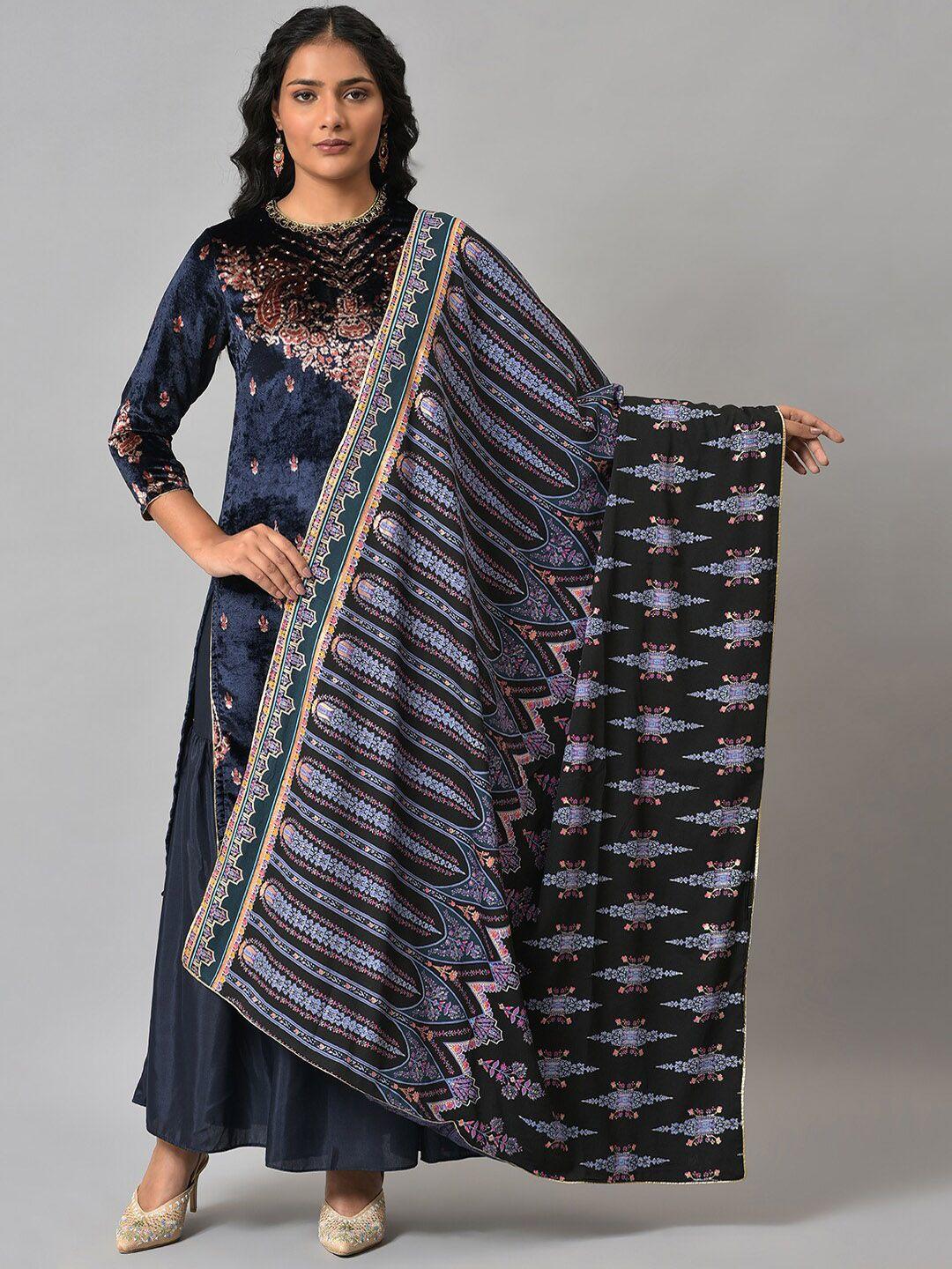 wishful women blue ethnic motifs printed pure cotton shawl