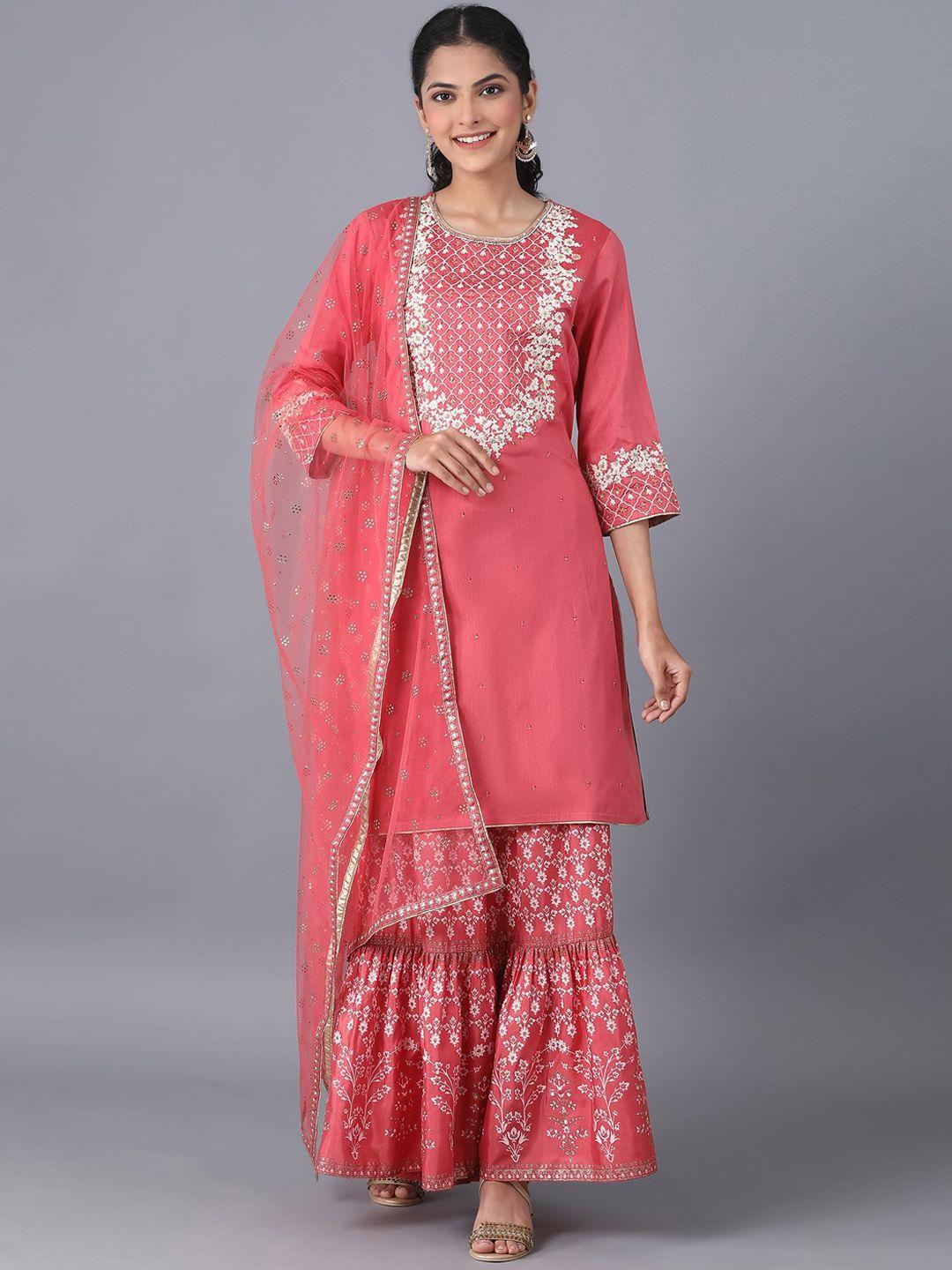 wishful women coral pink floral yoke design kurta with sharara & dupatta