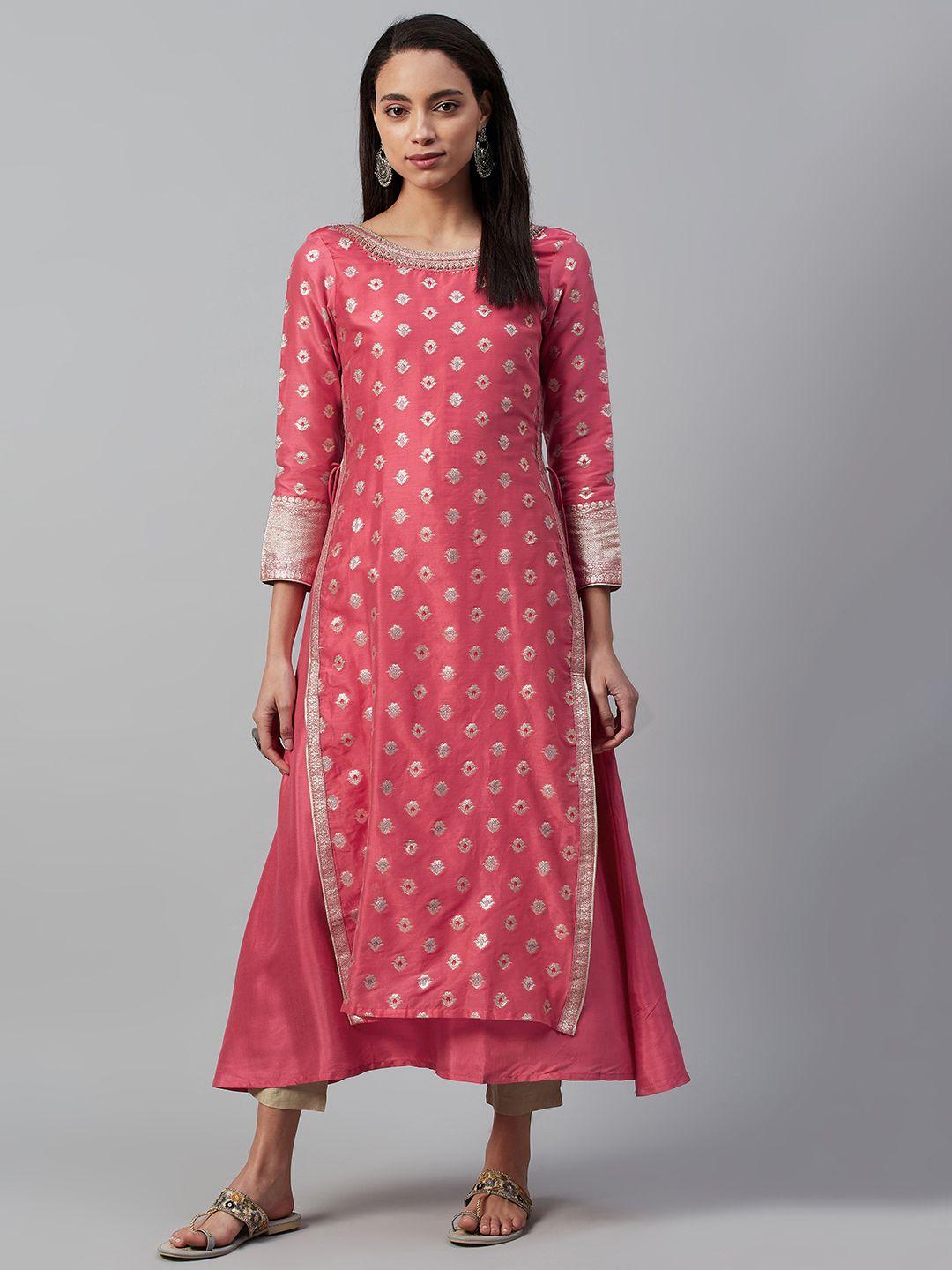 wishful women pink & golden woven design layered a-line kurta