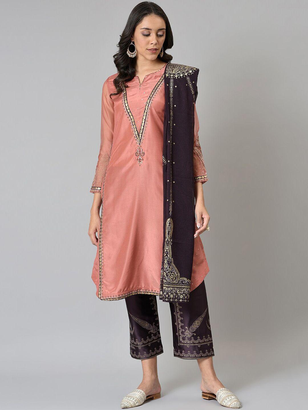 wishful women pink ethnic motifs embroidered regular kurta with palazzos & with dupatta