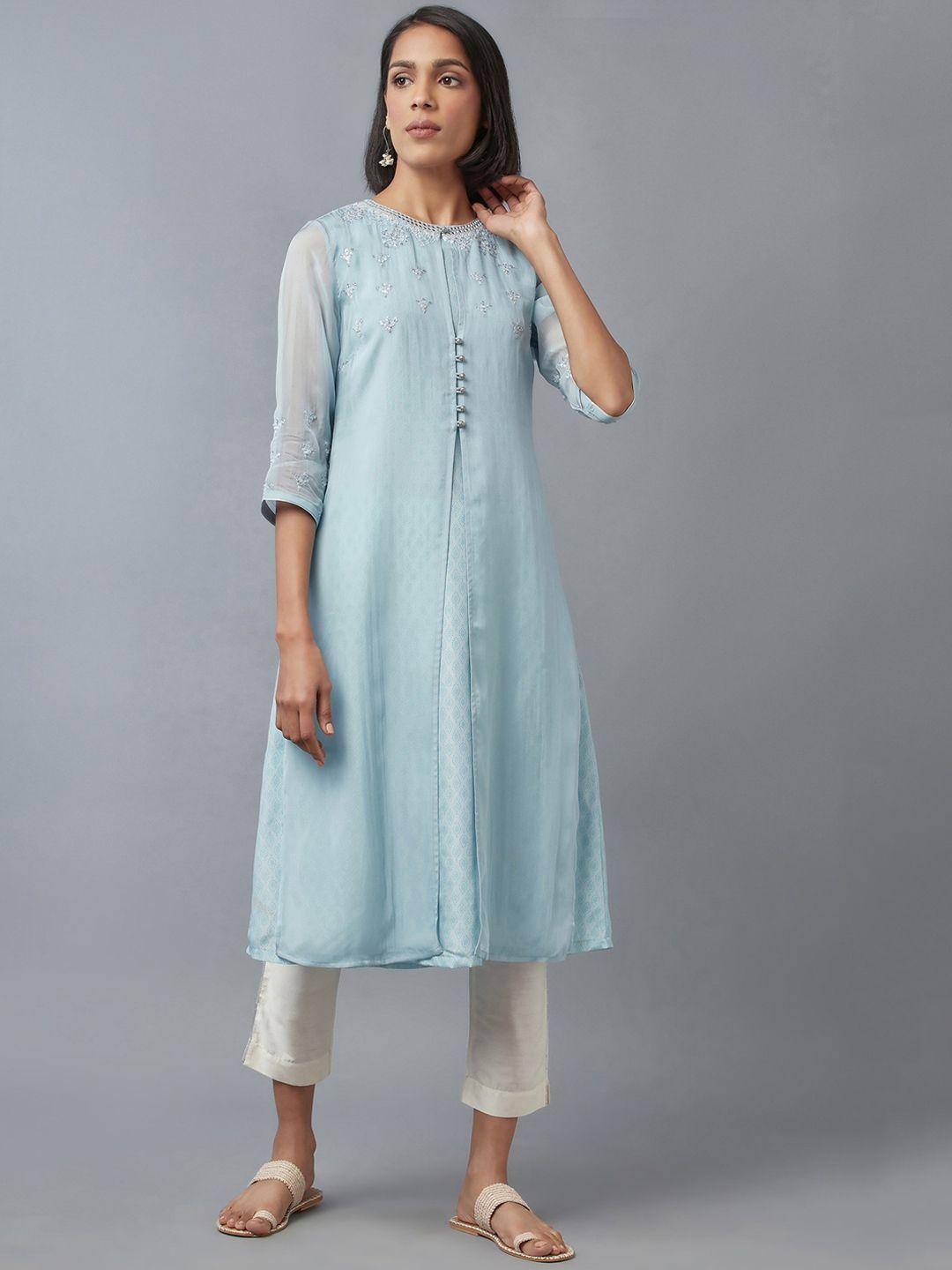 wishful women turquoise blue & white yoke design layered sequinned kurta with trousers