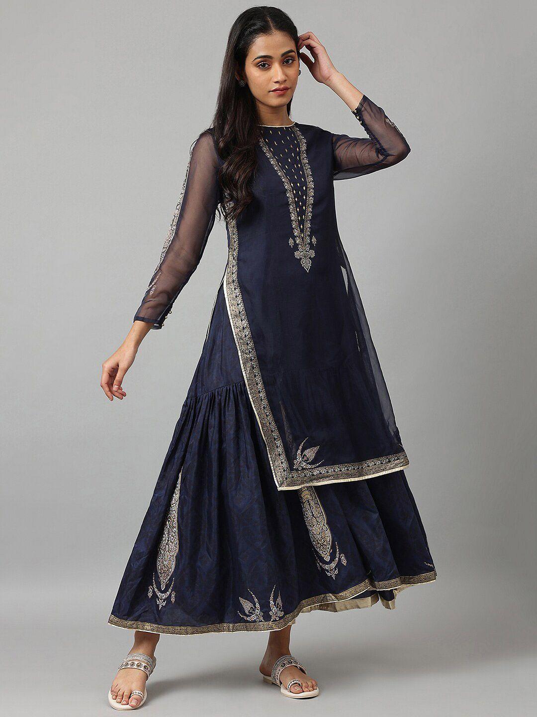 wishful blue & silver-toned ethnic motifs satin ethnic maxi dress