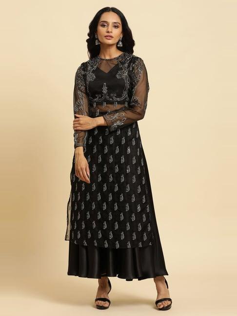 wishful by w black embroidered kurta skirt set