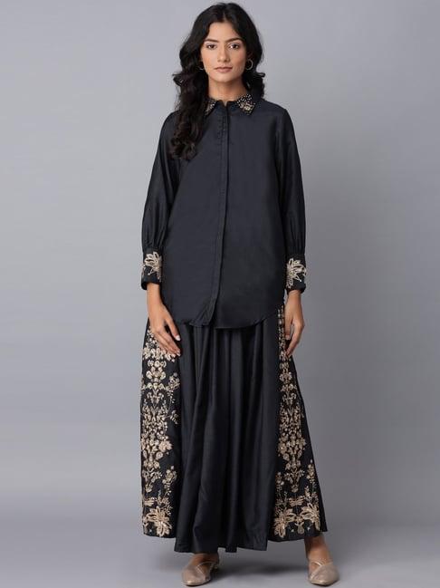 wishful by w black embroidered shirt skirt set