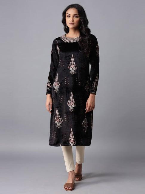 wishful by w black printed straight kurta