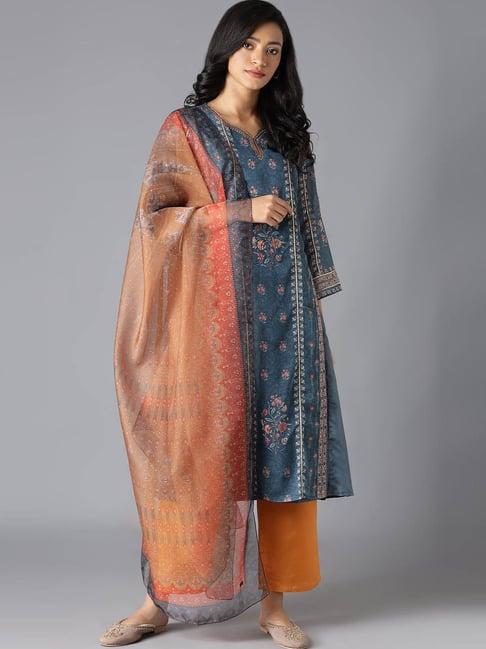 wishful by w blue & orange embellished kurta pant set with dupatta