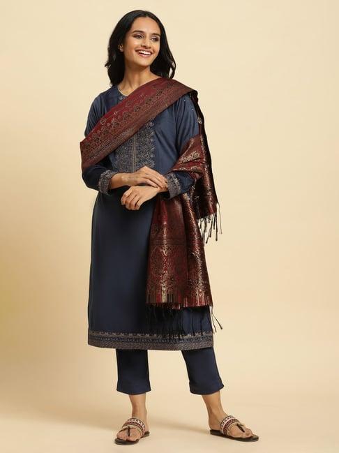 wishful by w blue embroidered kurta pant set with dupatta