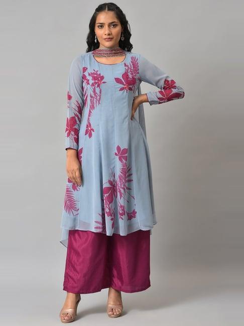 wishful by w blue pink floral print kurta palazzo set with dupatta