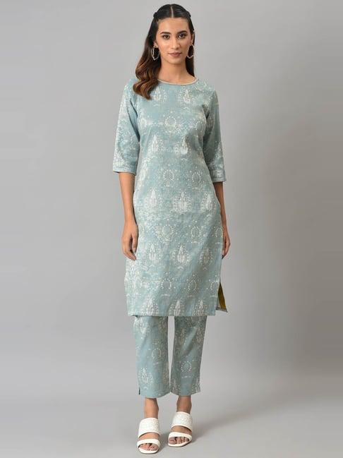 wishful by w blue printed kurta pant set