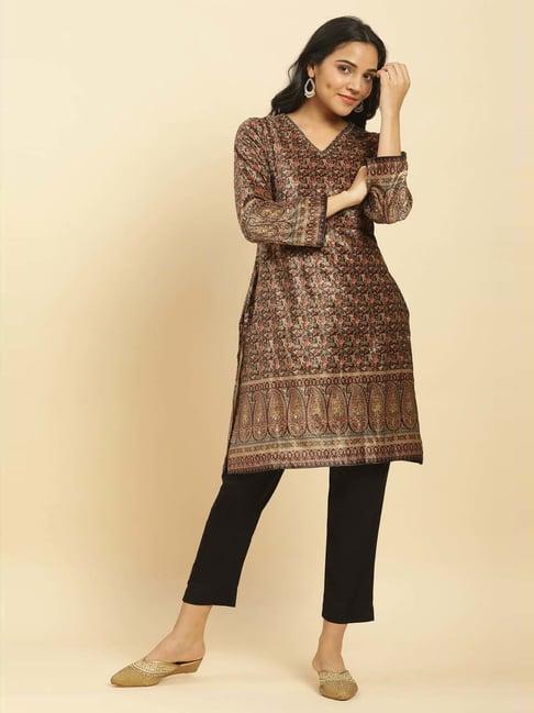 wishful by w brown & black printed kurti pant set