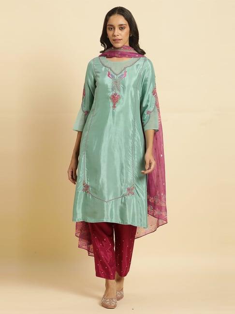 wishful by w green & maroon embroidered kurta pant set with dupatta