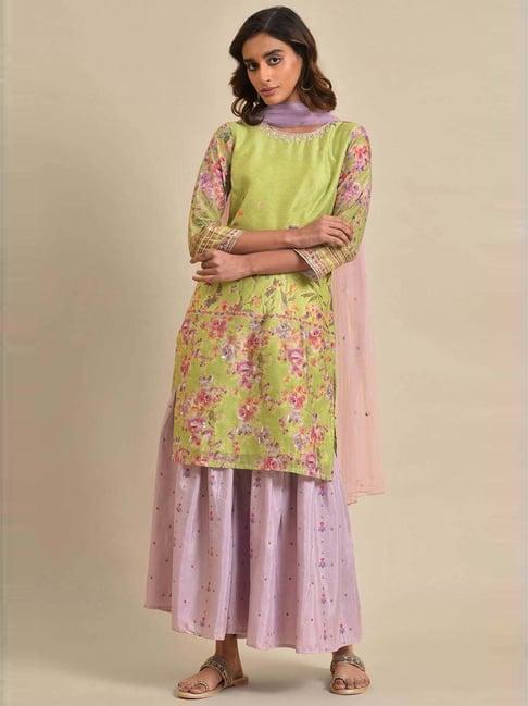 wishful by w green & purple printed kurta sharara set with dupatta