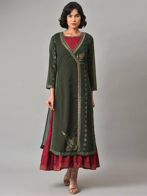 wishful by w green & red embellished double layered maxi dress