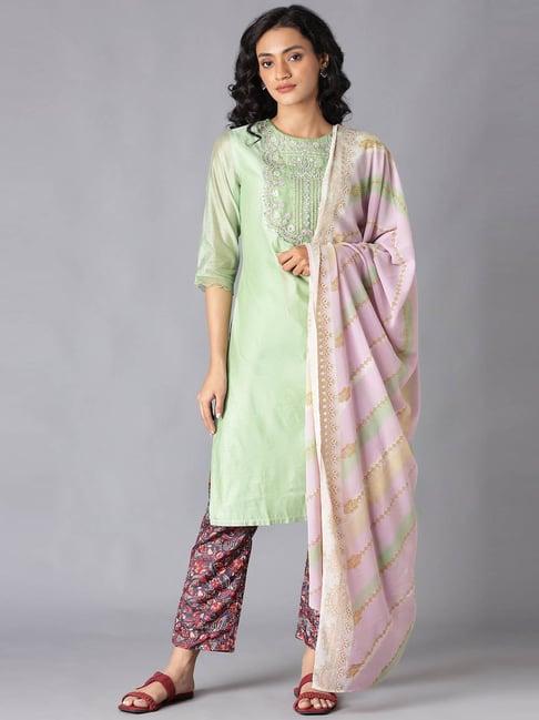 wishful by w green & red embroidered kurta pant set with dupatta