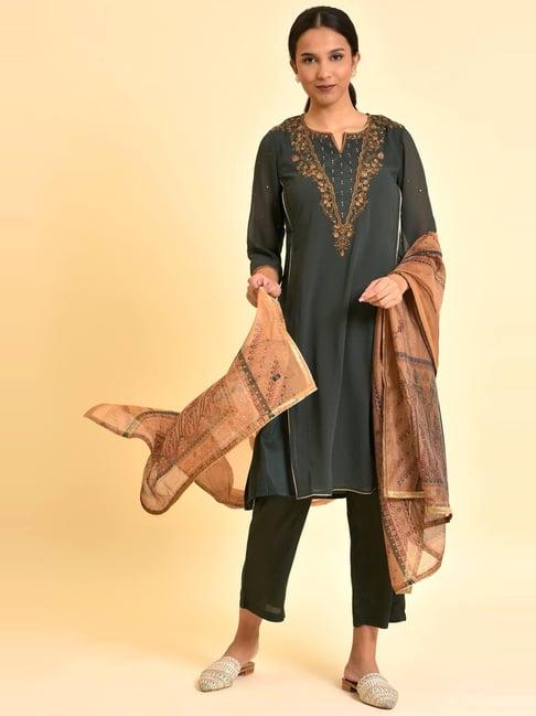 wishful by w green embellished kurta pant set with dupatta