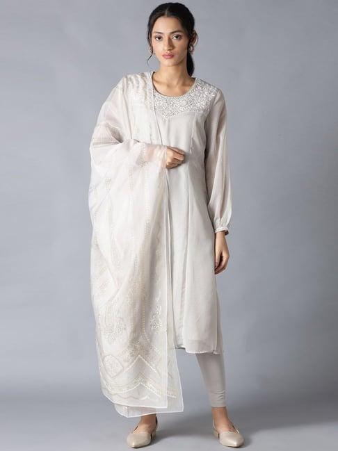 wishful by w grey embroidered kurta leggings set with dupatta