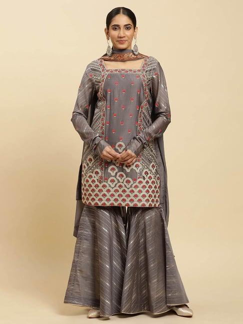 wishful by w light grey embroidered kurta with sharara & dupatta