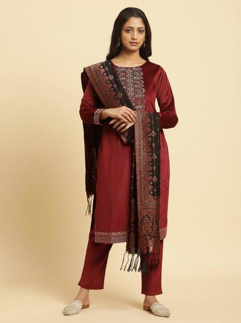 wishful by w maroon embroidered kurta pant set with dupatta