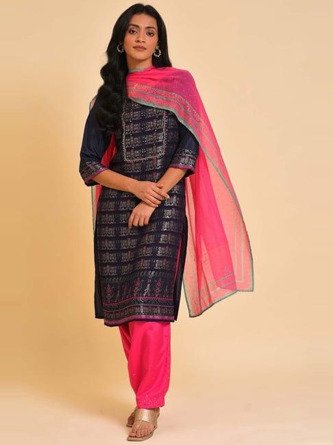 wishful by w navy & pink woven pattern kurta salwar set with dupatta
