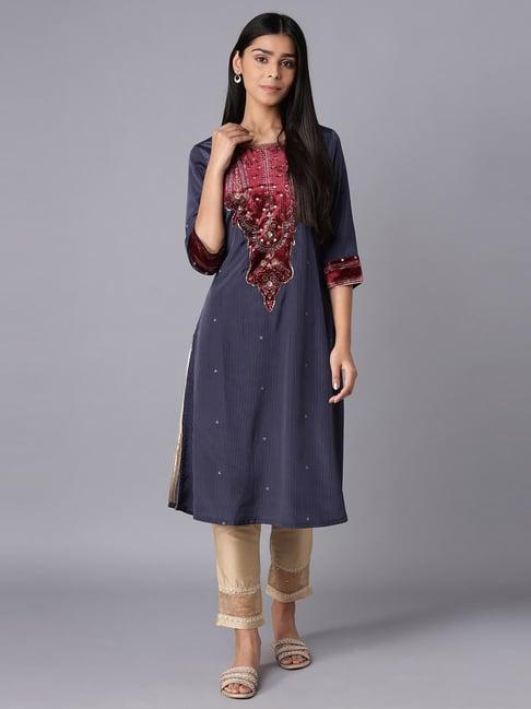 wishful by w navy embellished straight kurta