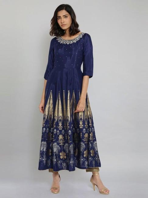 wishful by w navy embroidered a line kurta