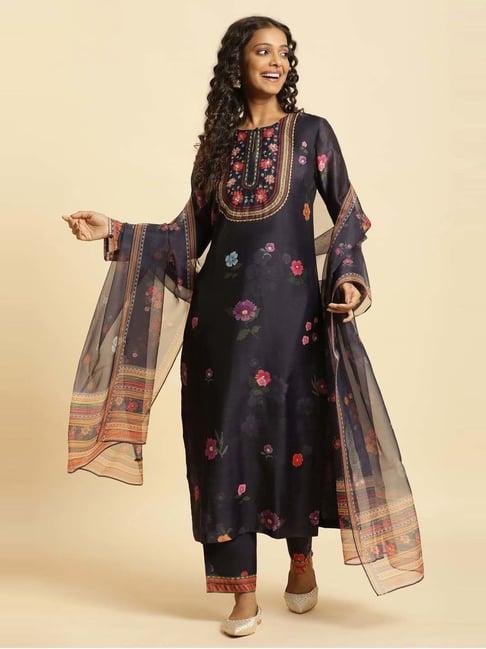 wishful by w navy printed kurta pant set with dupatta