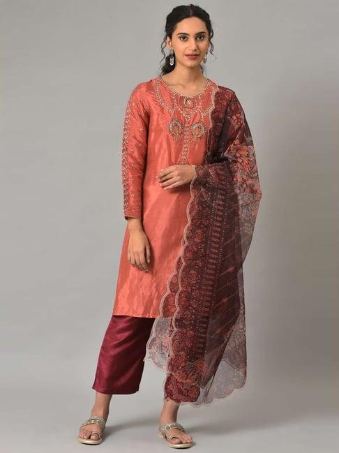 wishful by w peach & maroon embroidered kurta pant set with dupatta