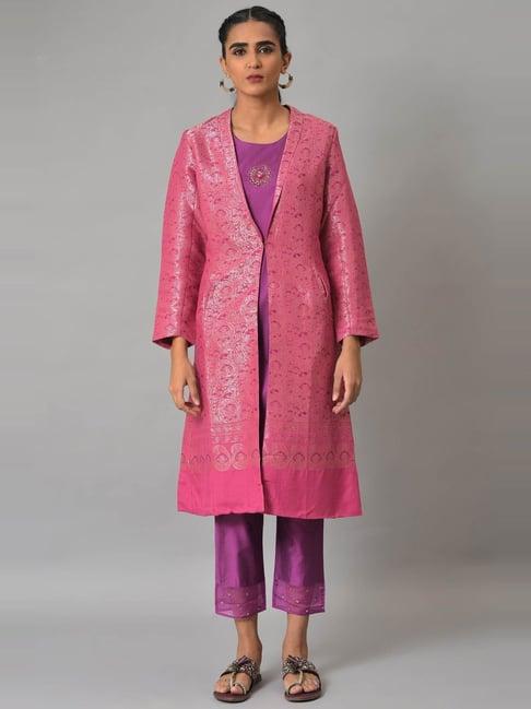 wishful by w pink & purple woven pattern kurta pant set with jacket