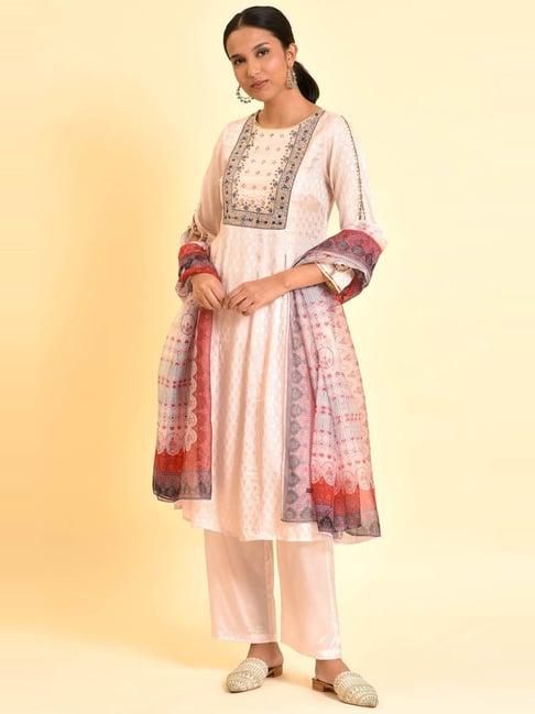 wishful by w pink embellished kurta pant set with dupatta