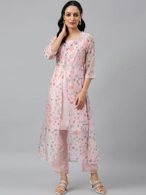 wishful by w pink floral print kurta pant set with gilet