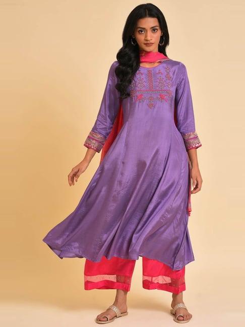 wishful by w purple & pink embellished kurta palazzo set with dupatta