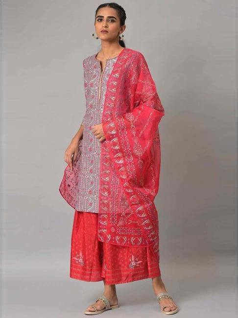 wishful by w purple & pink woven pattern kurta palazzo set with dupatta