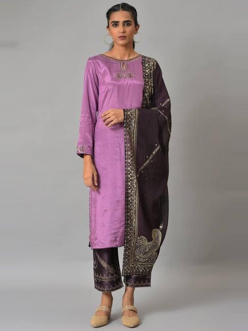 wishful by w purple embellished kurta palazzo set with dupatta