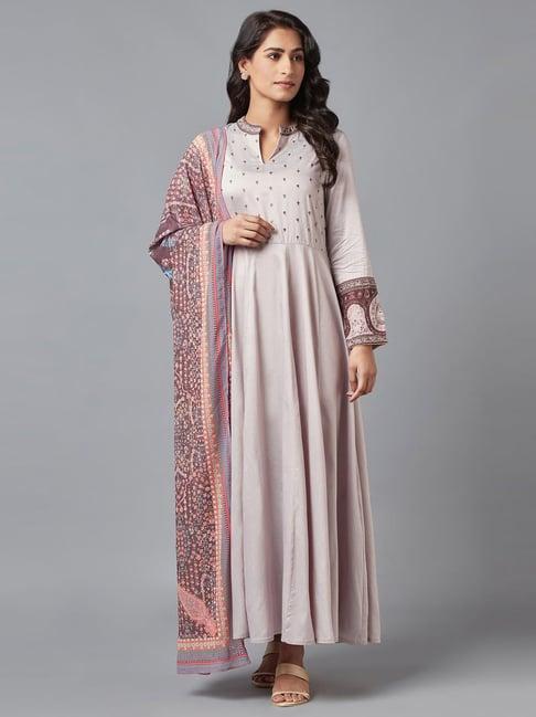 wishful by w purple floral print kurta with dupatta