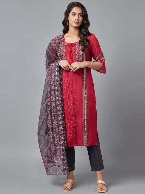wishful by w red embellished kurta pant set with dupatta