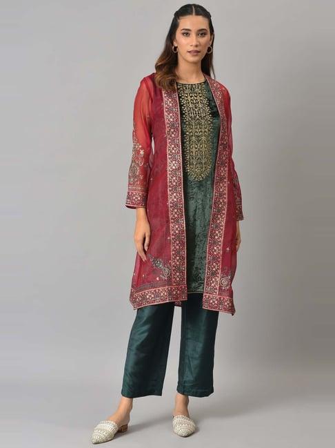 wishful by w red embellished kurti pant set with jacket