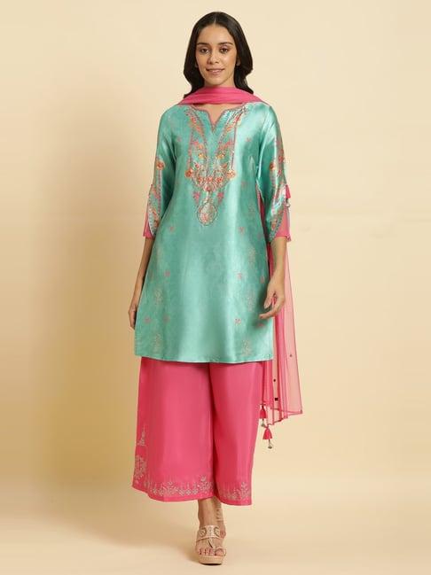 wishful by w sea green & pink embroidered kurta palazzo set with dupatta