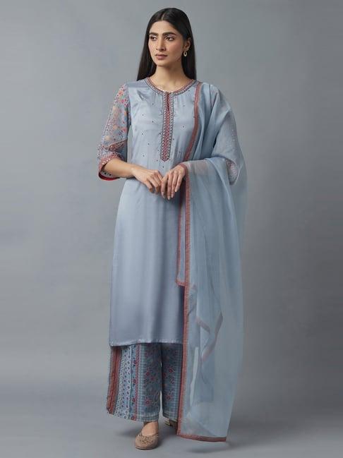 wishful by w sky blue embellished kurta palazzo set with dupatta